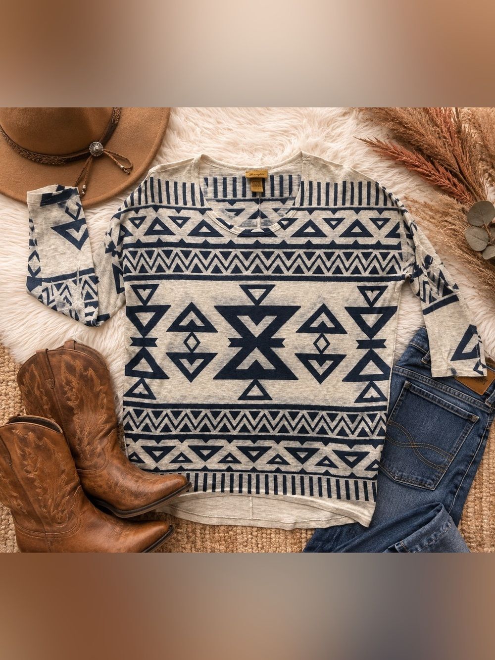 Wrangler Vintage Aztec Southwestern Geometric Print Long Sleeve Shirt XL